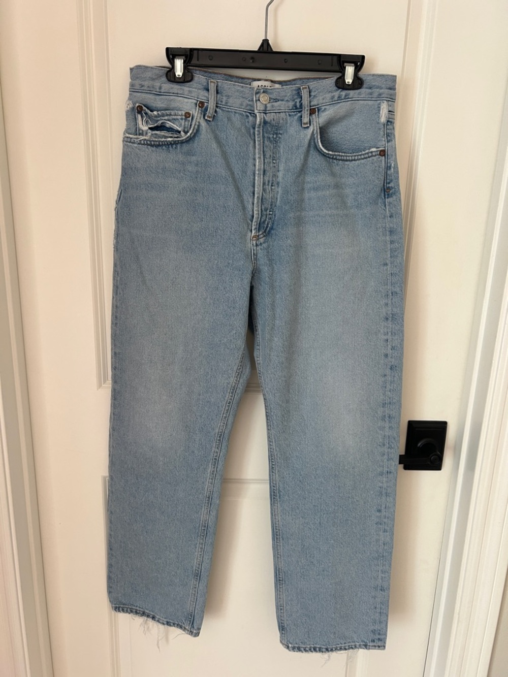 Agolde 90’s mid rise loose fit button fly light denim distressed jeans Size 29